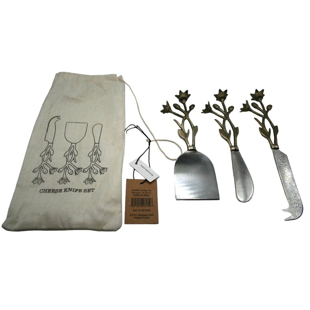 Charcuterie Cheese Knives  Brass Floral‎ Handles Set of 3 NWT Rustic Farmhouse
